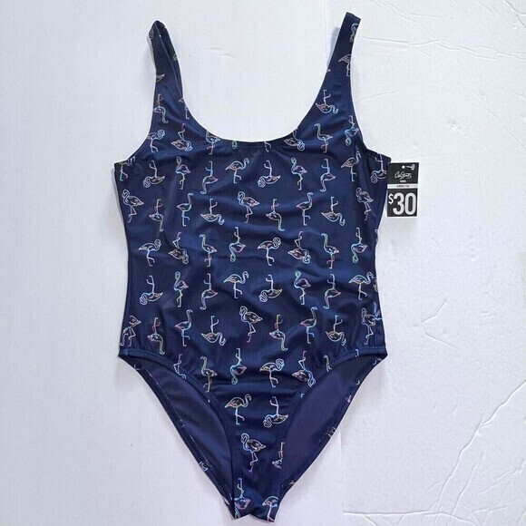 City Streets Women's One-Piece Navy-Blue Swimsuit with Neon Flamingo Print - Picture 4 of 12